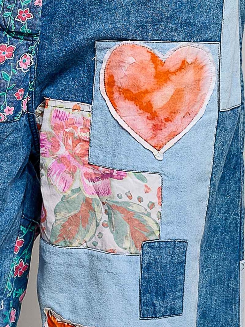 POL Denim Stretchy Waist Heart Birds Love Graphic Patchwork Wide leg Pants - Picture 8 of 9